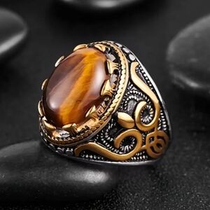 Men's Gold and Brown Tiger Eye Ring Sz 10